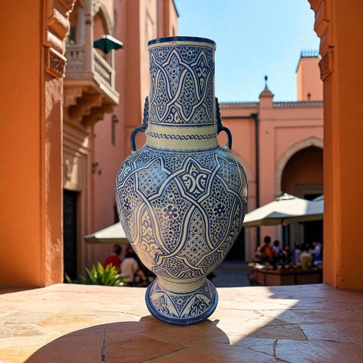 Large Blue Moroccan Pottery Vase: Hand-Painted Andalusian Decor