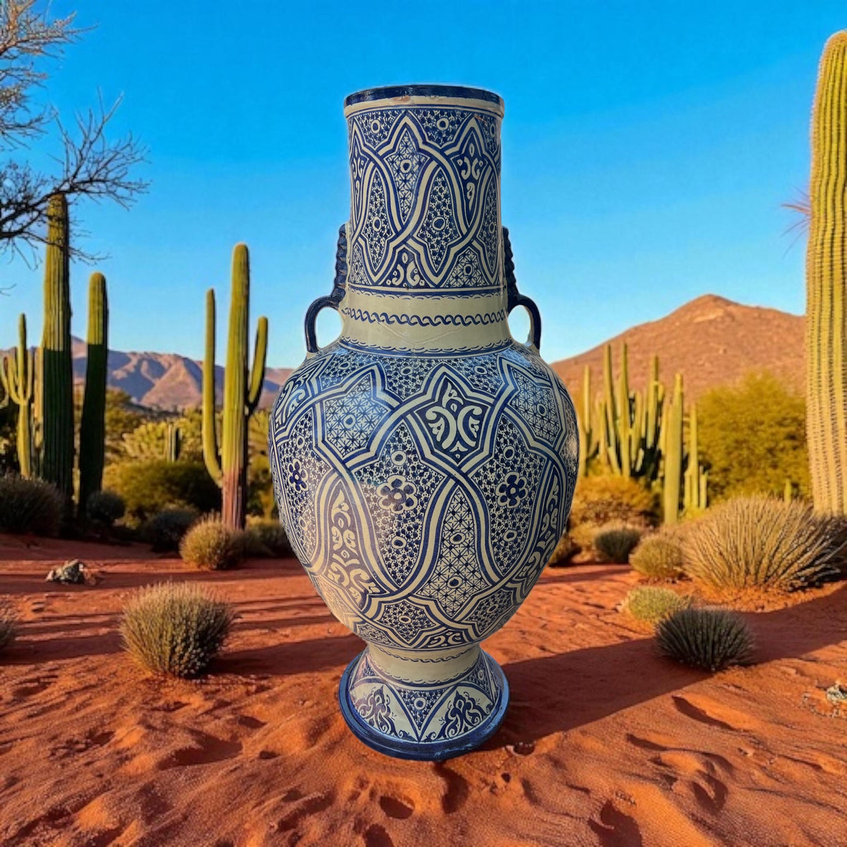 Large Blue Moroccan Pottery Vase: Hand-Painted Andalusian Decor