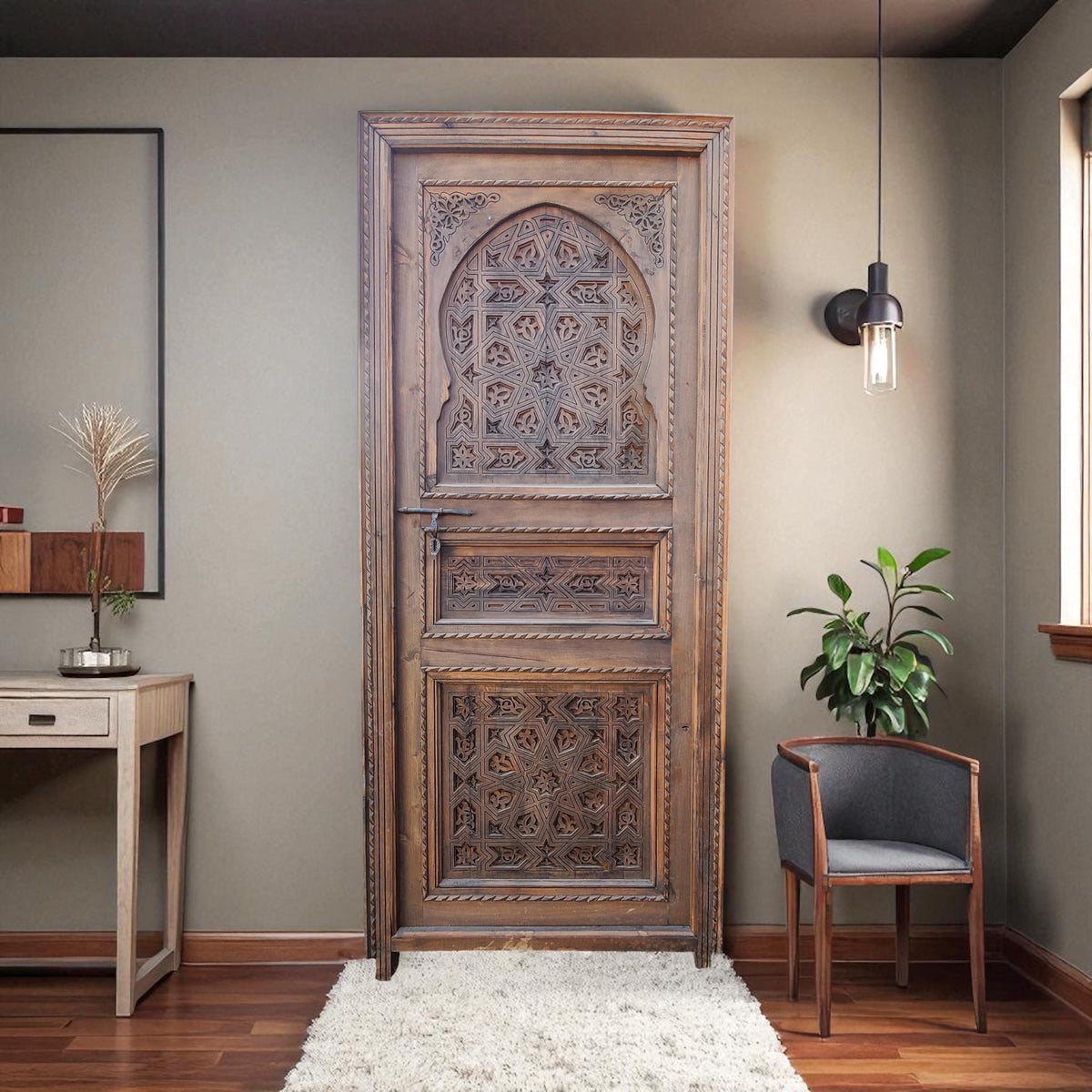 Handmade Carved Cedar Door: Moroccan Andalusian Moorish Design