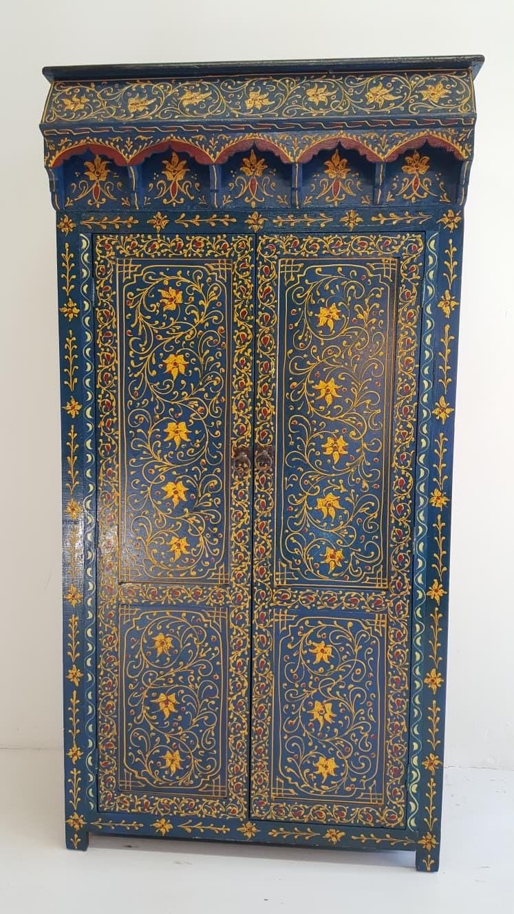 Vintage Moroccan Hand-Painted Armoire: Moorish Bedroom Furniture