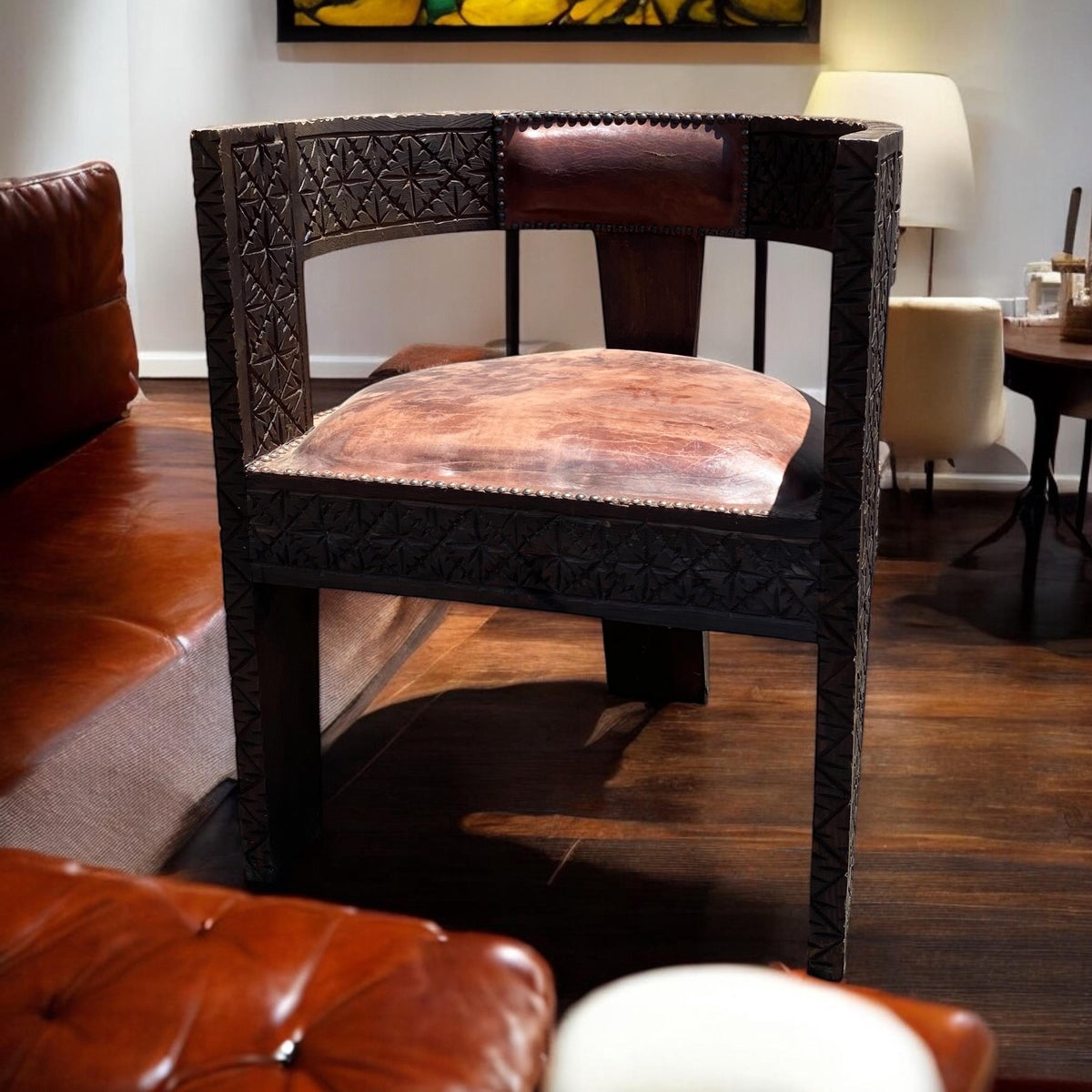 Vintage Carved Moroccan Leather Chair, Handmade Cedar Wood Accent Piece