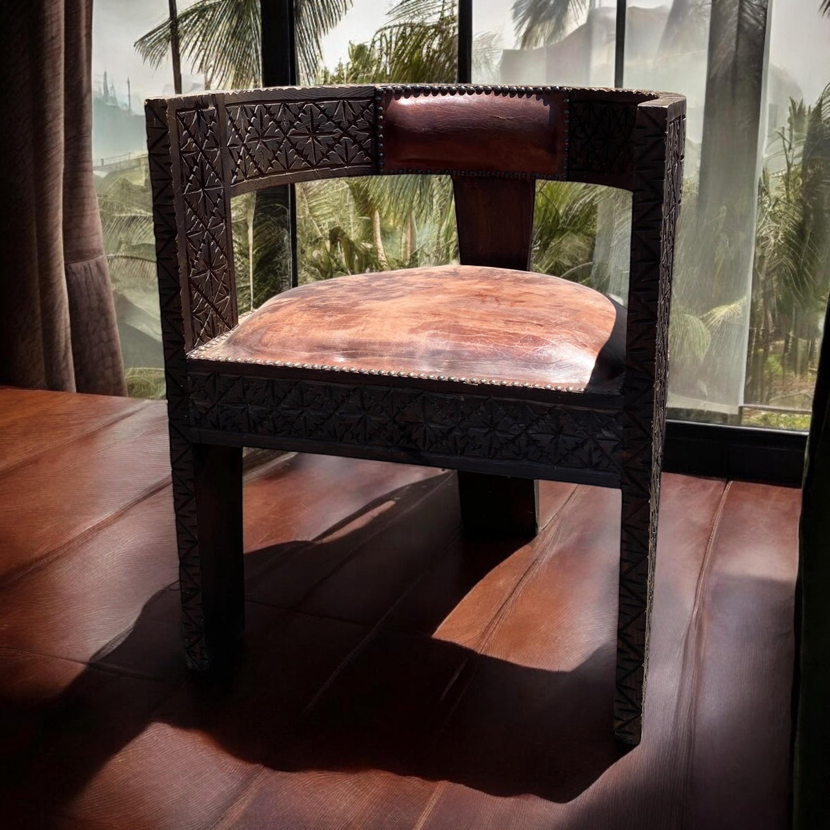 Vintage Carved Moroccan Leather Chair, Handmade Cedar Wood Accent Piece