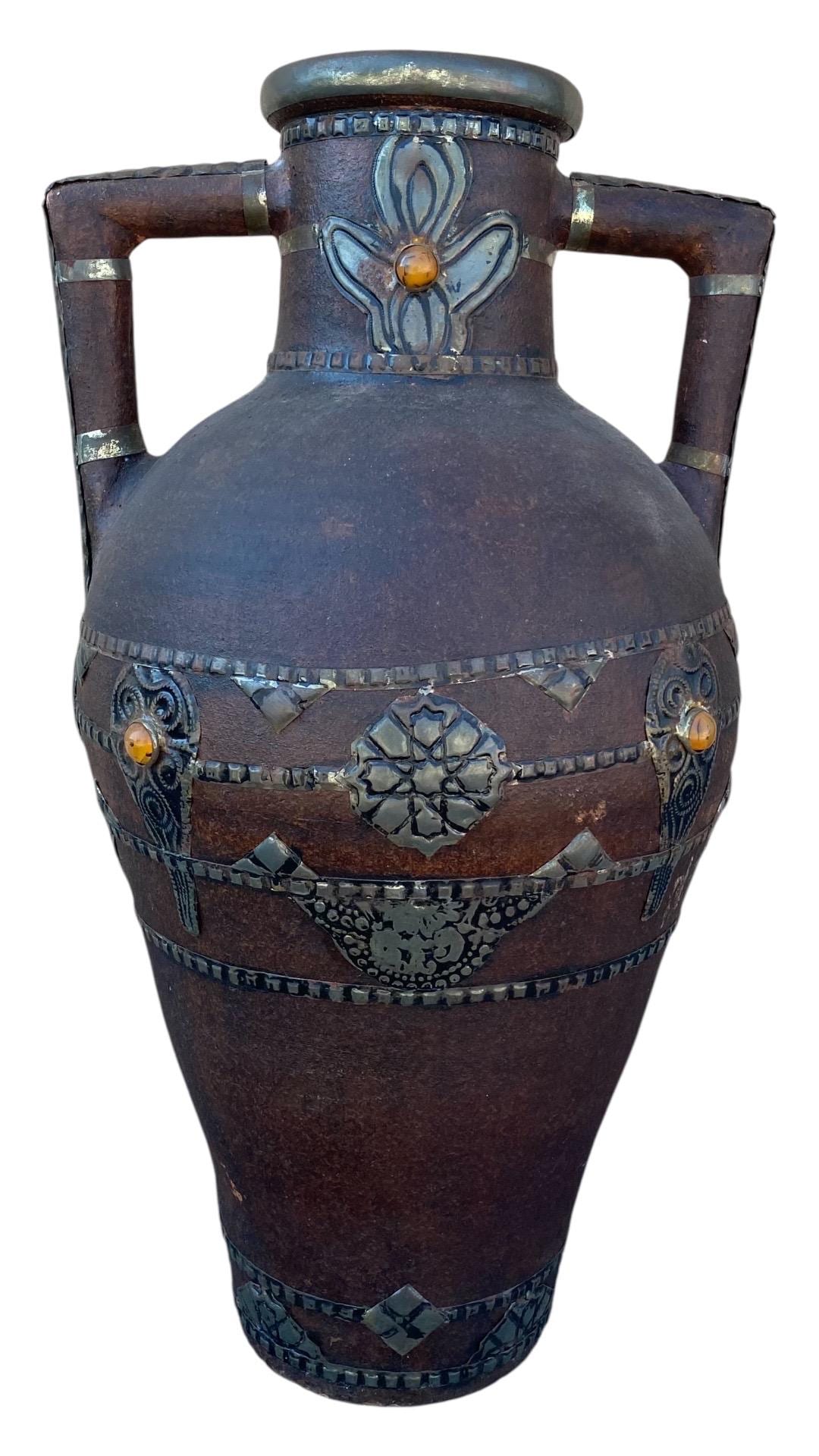Antique Handmade Clay Pottery Vase, Berber Carved Home Decor (31” x 16.5)