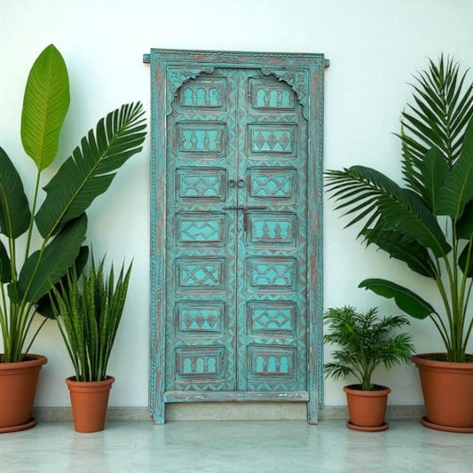 Vintage Carved Moroccan Wooden Door: Berber Artwork (75.5” x 37.5")