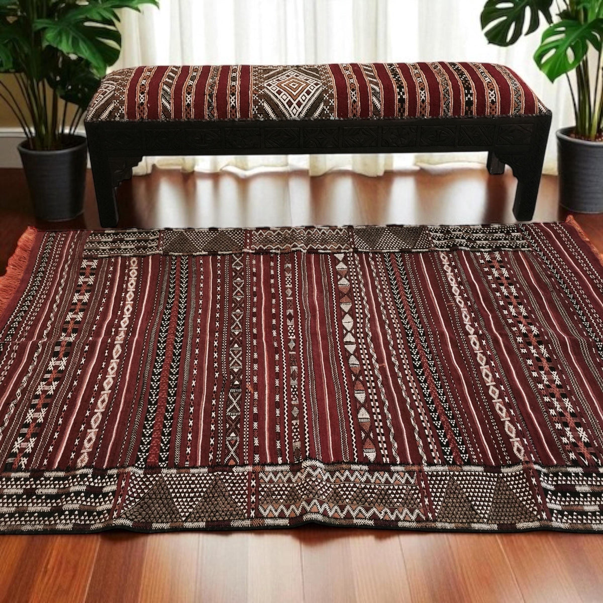 Vintage Berber Kilim Rug & Bench Set, Handwoven Moroccan Carpet