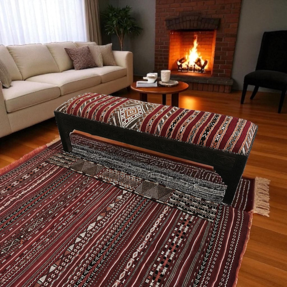 Vintage Berber Kilim Rug & Bench Set, Handwoven Moroccan Carpet