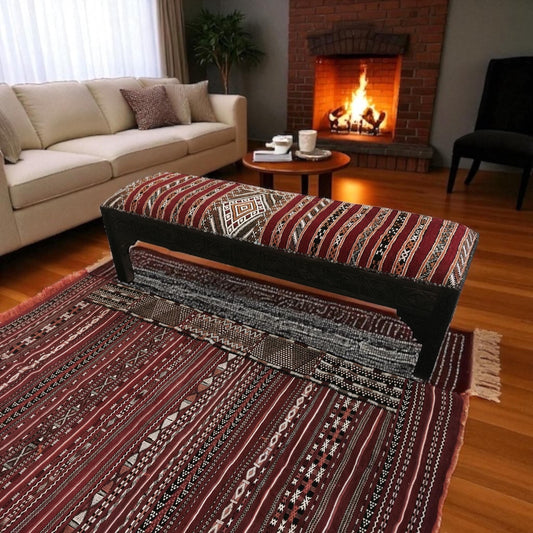 Vintage Berber Kilim Rug & Bench Set, Handwoven Moroccan Carpet