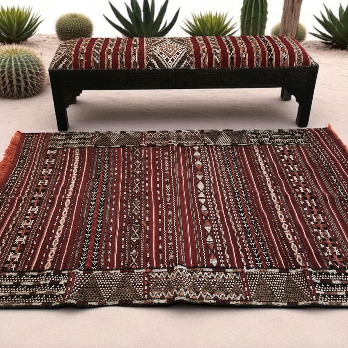 Vintage Berber Kilim Rug & Bench Set, Handwoven Moroccan Carpet