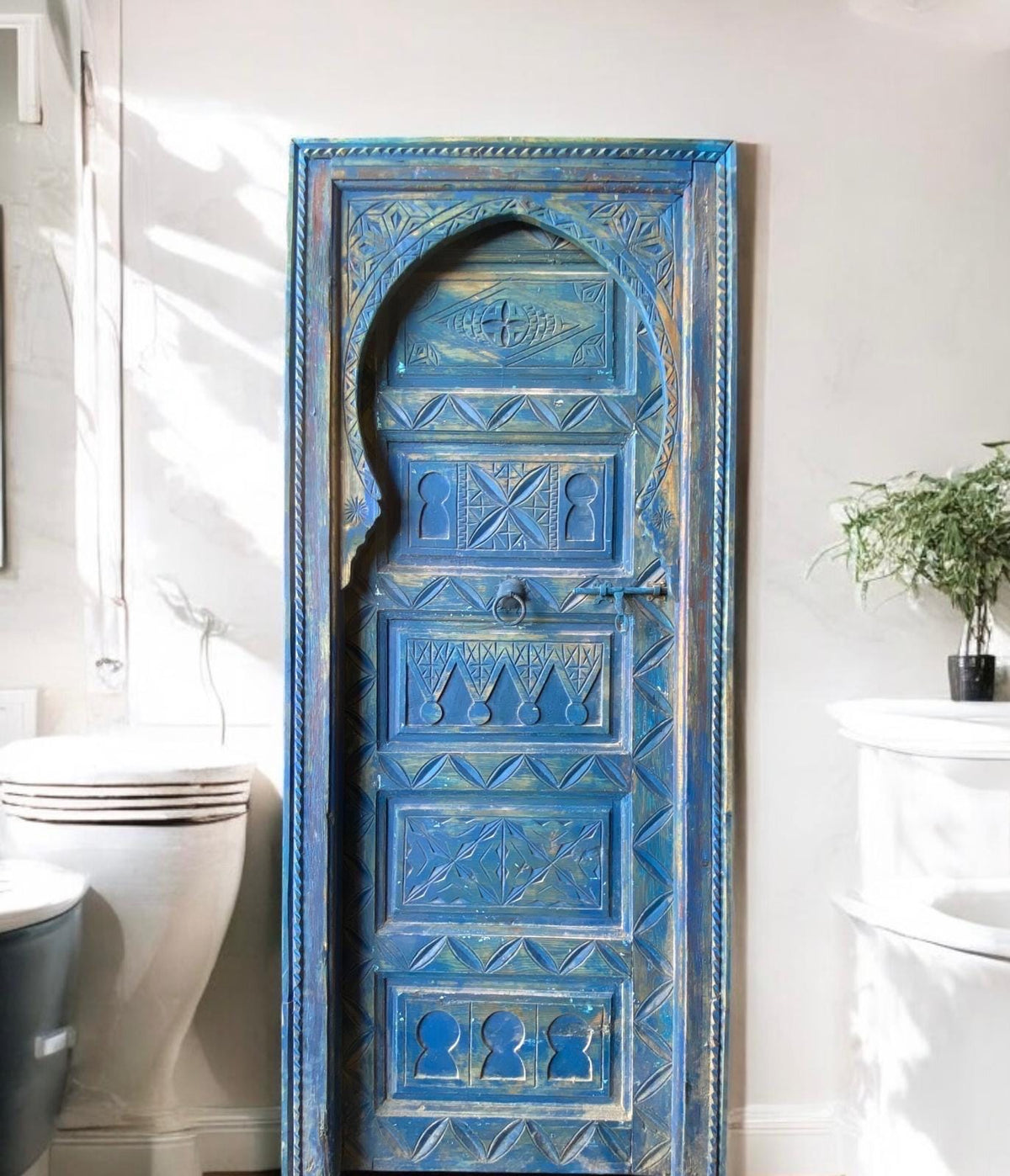 Vintage Carved Blue Door: Moroccan Berber, Handmade Cedar