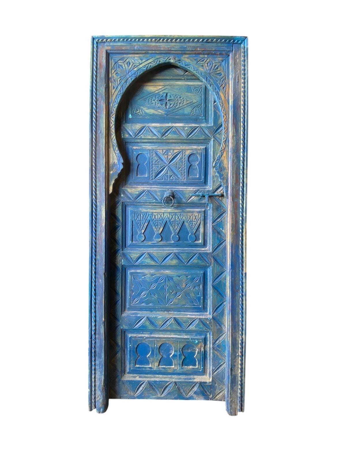 Vintage Carved Blue Door: Moroccan Berber, Handmade Cedar