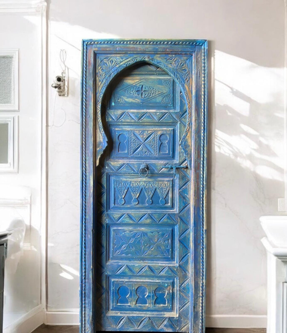 Vintage Carved Blue Door: Moroccan Berber, Handmade Cedar