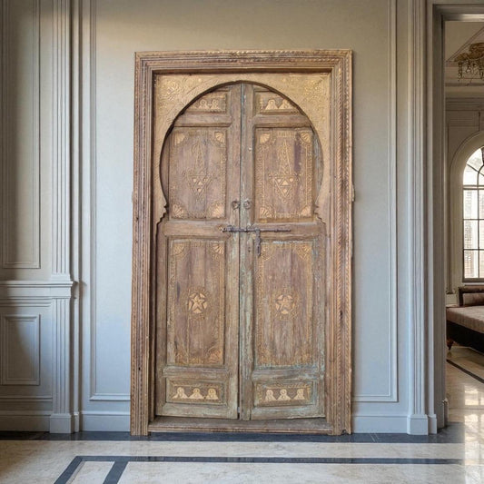 Vintage Carved Cedar Double Door: Moroccan Moorish Style, 85"x47"