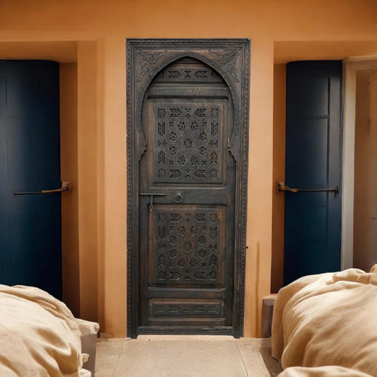 Carved Moroccan Wood Door, Vintage Moorish Style (79x35)