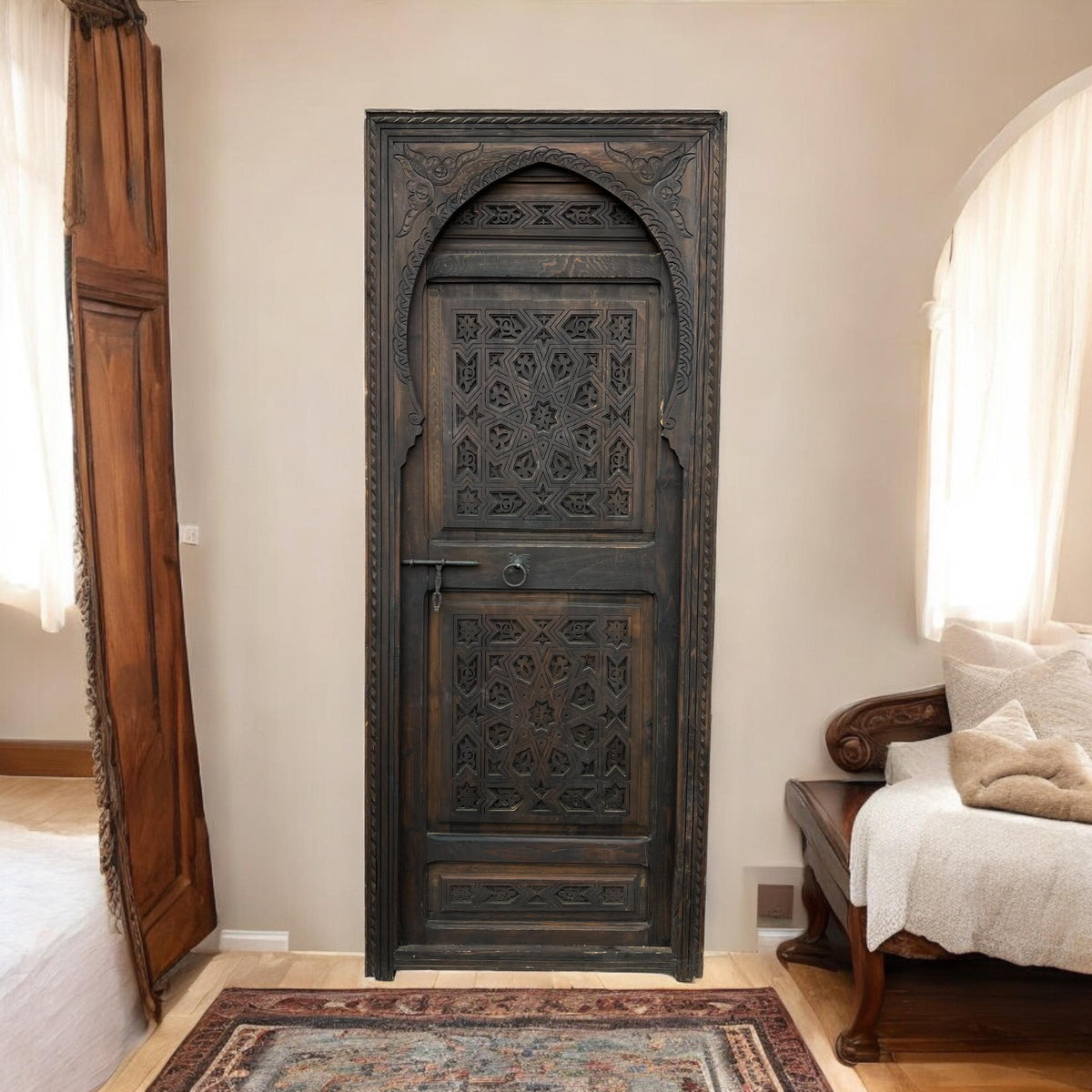 Hand Carved Moorish Wood Door, Geometric Riad Style (79x34)