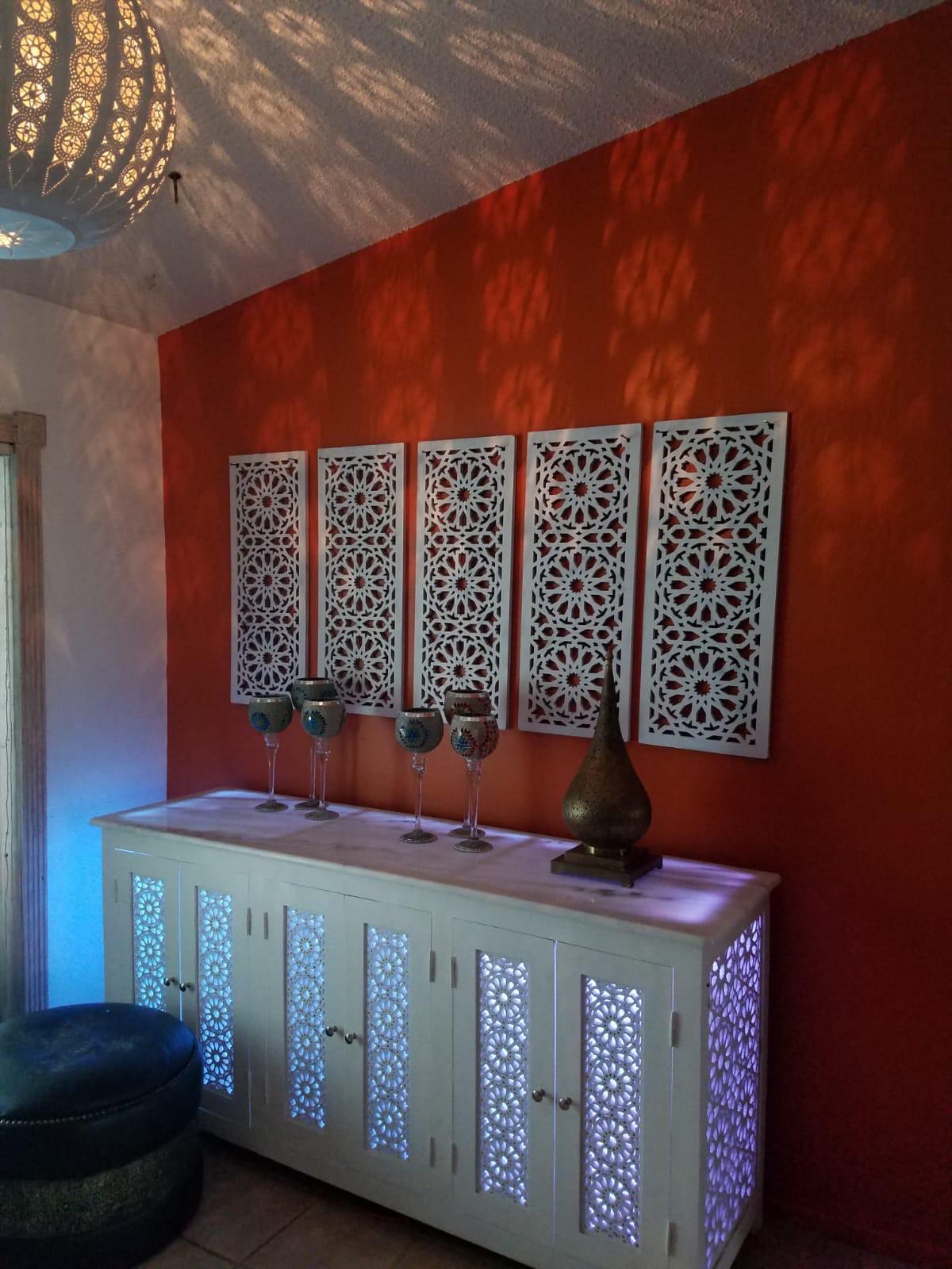 Handmade Moroccan LED Wooden Credenza, Marble Top Buffet