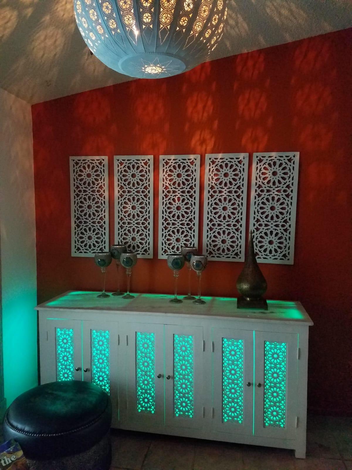 Handmade Moroccan LED Wooden Credenza, Marble Top Buffet