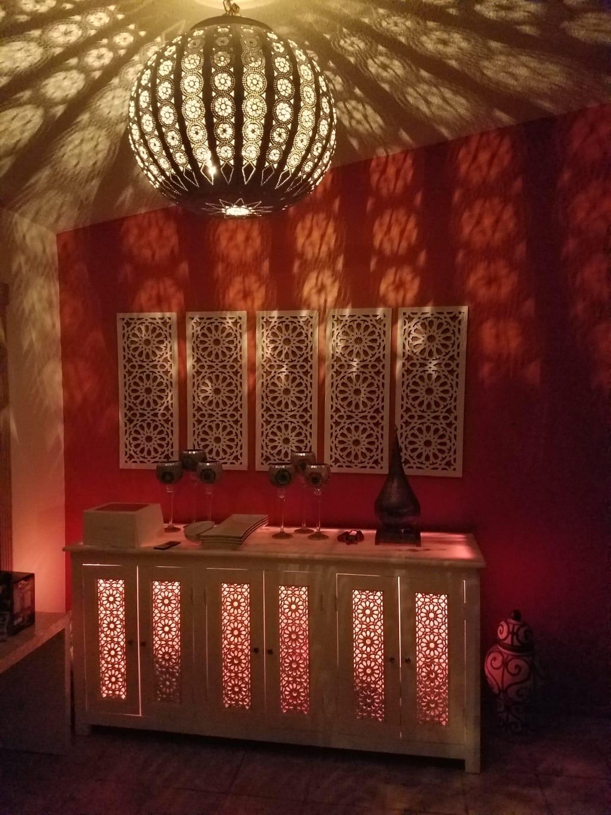 Handmade Moroccan LED Wooden Credenza, Marble Top Buffet