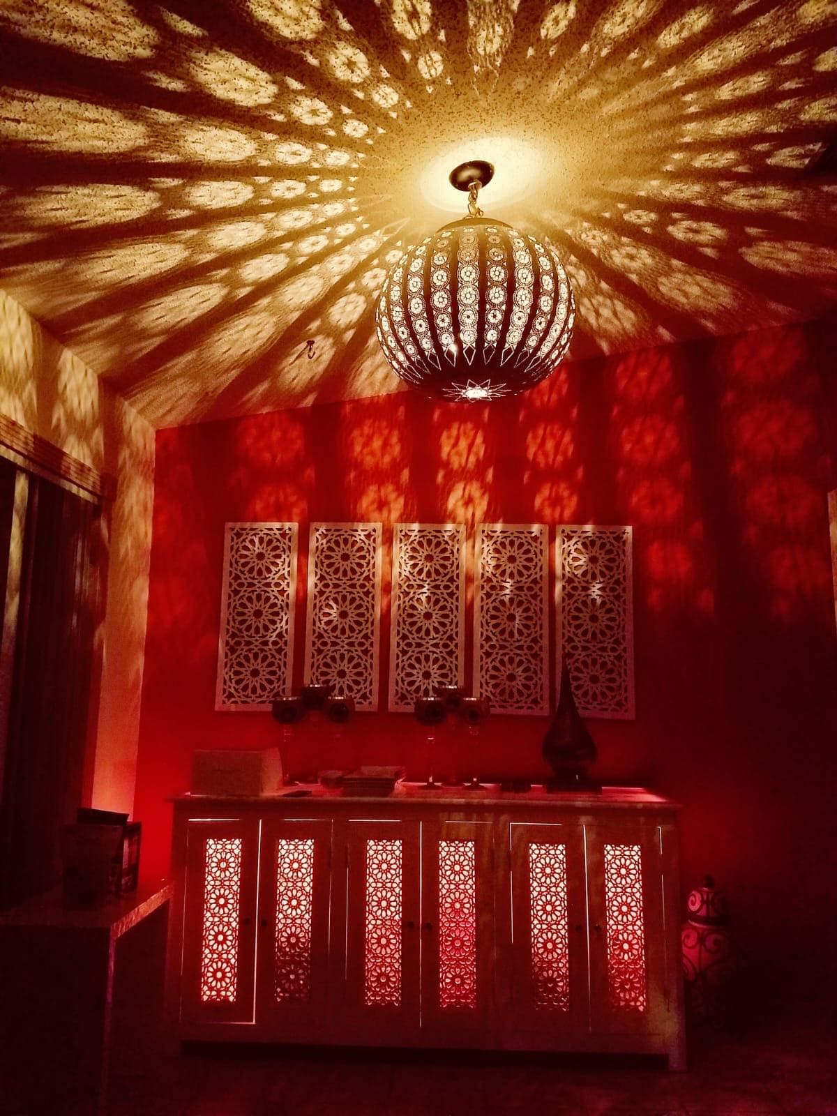 Handmade Moroccan LED Wooden Credenza, Marble Top Buffet