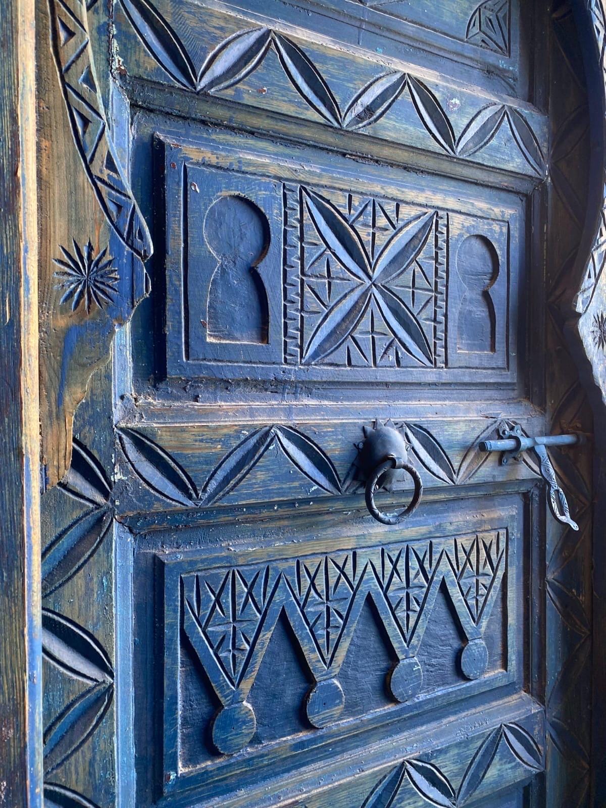 Vintage Carved Blue Door: Moroccan Berber, Handmade Cedar