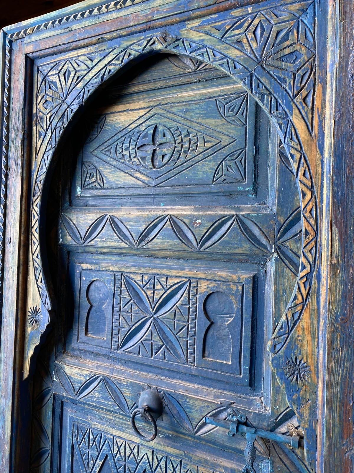 Vintage Carved Blue Door: Moroccan Berber, Handmade Cedar