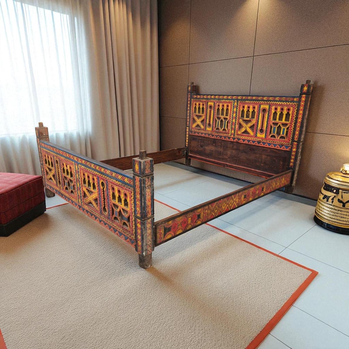 Hand Carved Touareg Bed - African Berber Headboard, Nomad Furniture