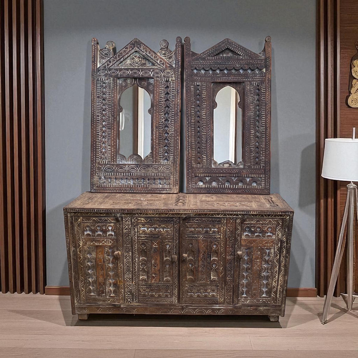 Handmade Moroccan Wooden Cabinet, Ethnic Tribal Credenza