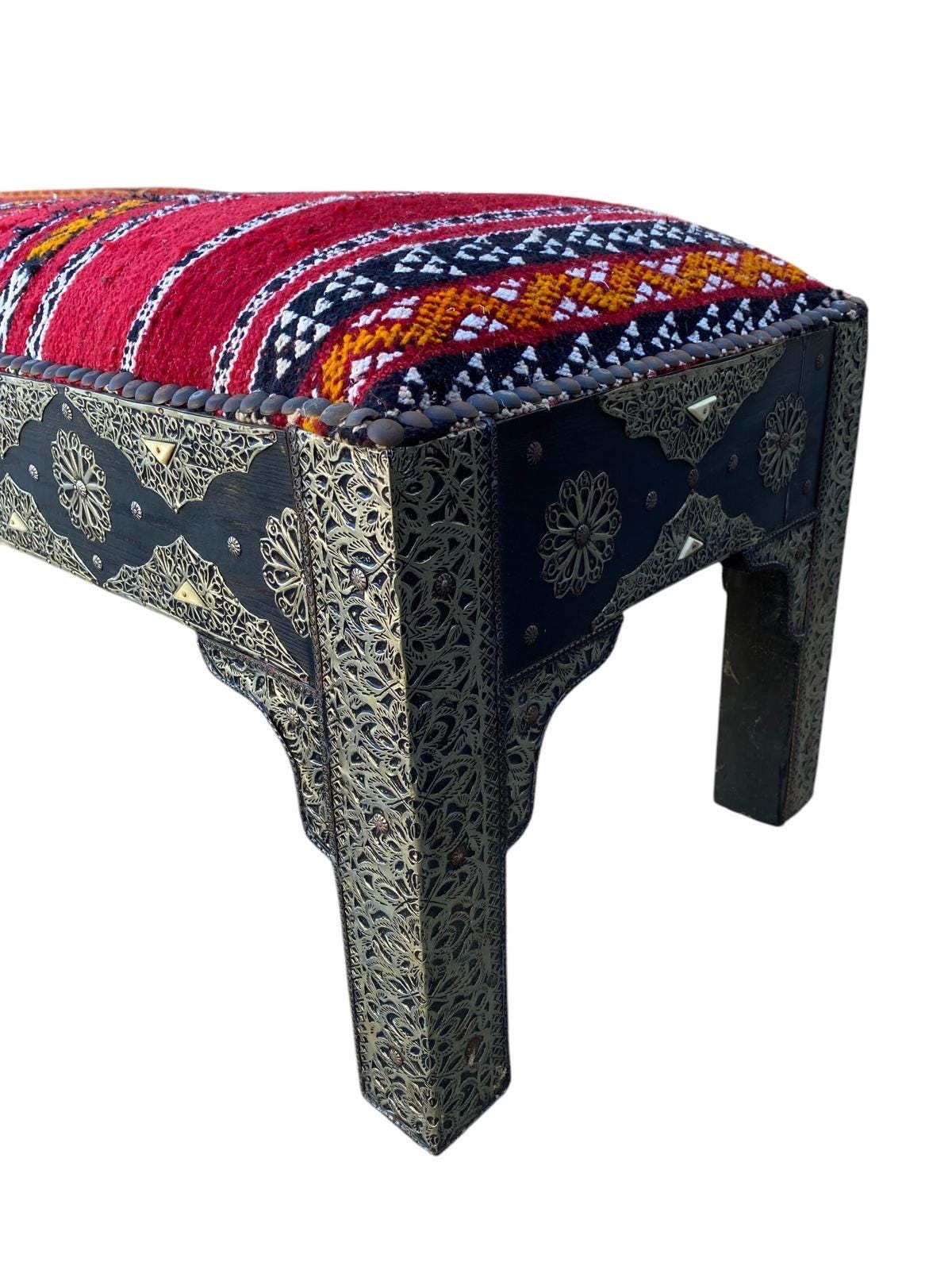 Vintage Kilim Bench: Moroccan Silver Bench with Bone Accents