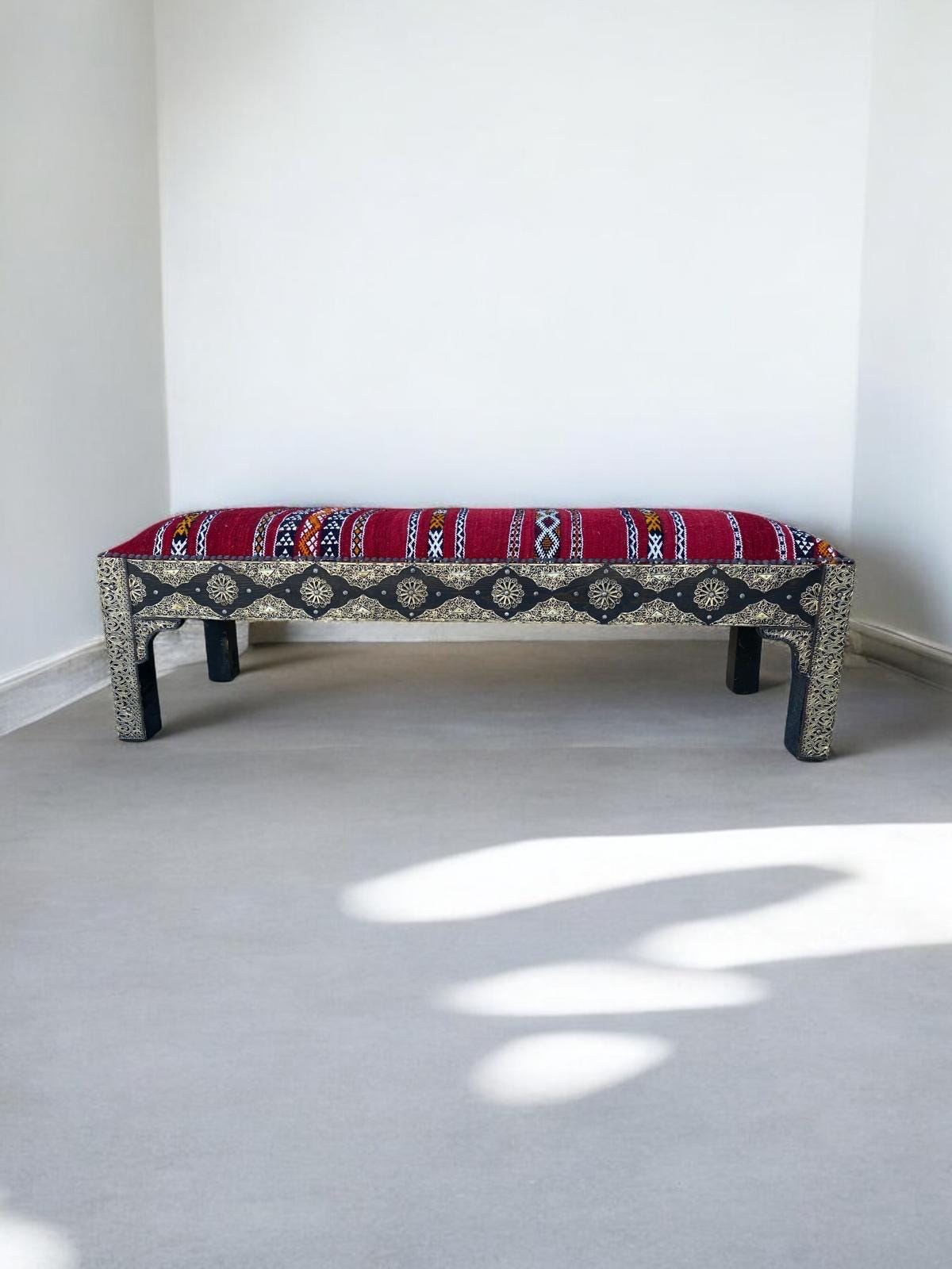 Vintage Kilim Bench: Moroccan Silver Bench with Bone Accents