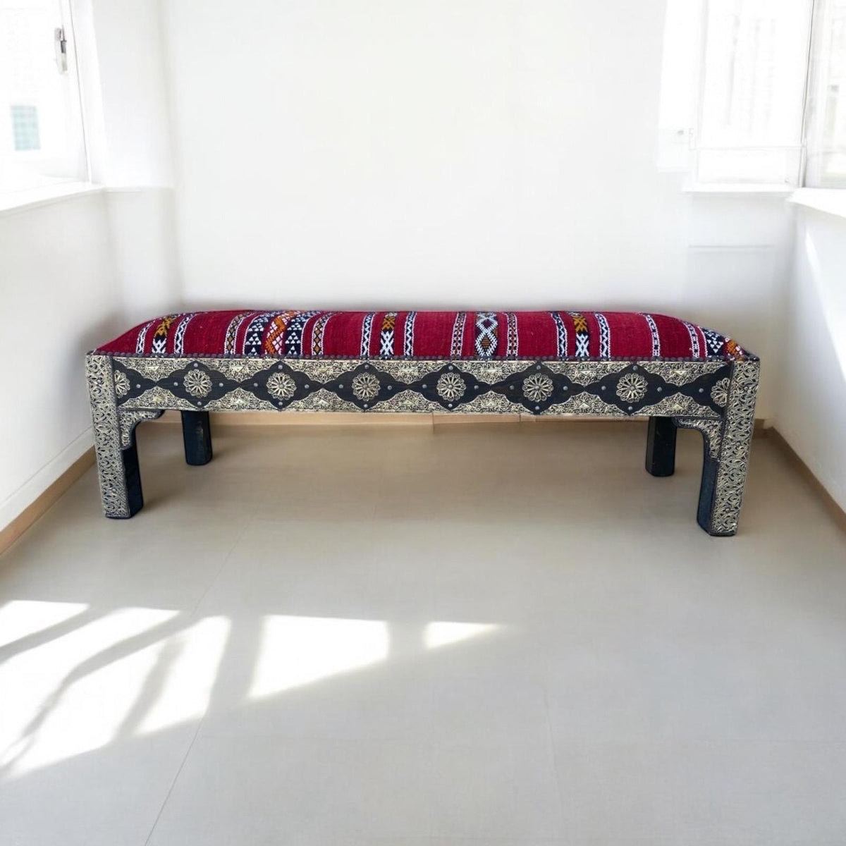 Vintage Kilim Bench: Moroccan Silver Bench with Bone Accents