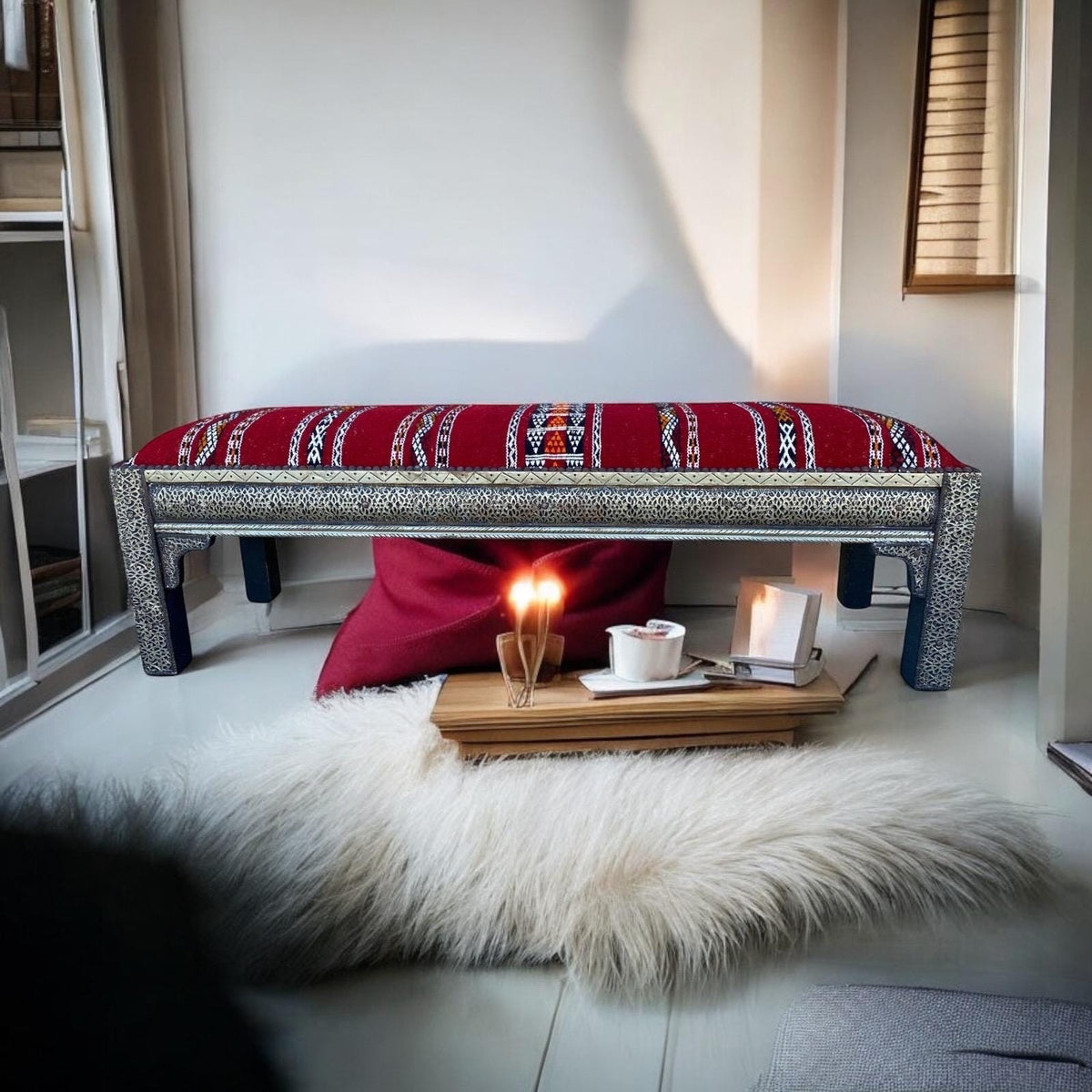 Vintage Kilim Bench, Moroccan Metal Accents, Berber Handwoven Rug