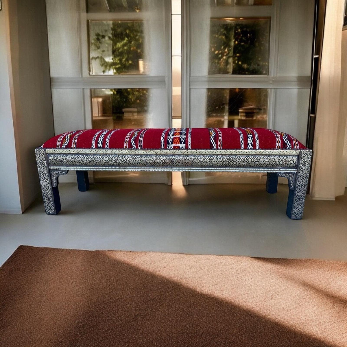 Vintage Kilim Bench, Moroccan Metal Accents, Berber Handwoven Rug