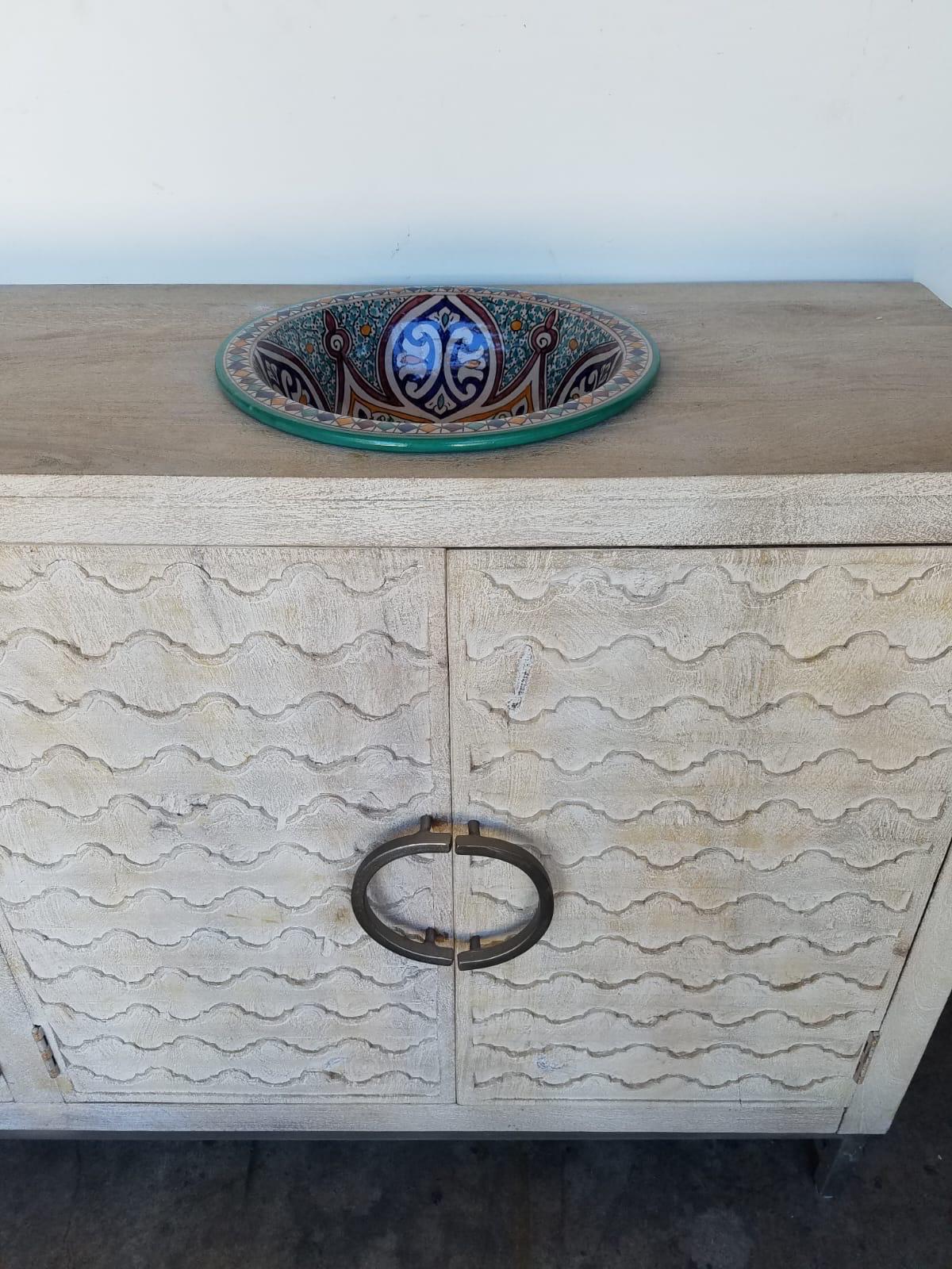 Unique bathroom sink vanity cabinet comes with two pottery sinks clay vessels from Morocco
