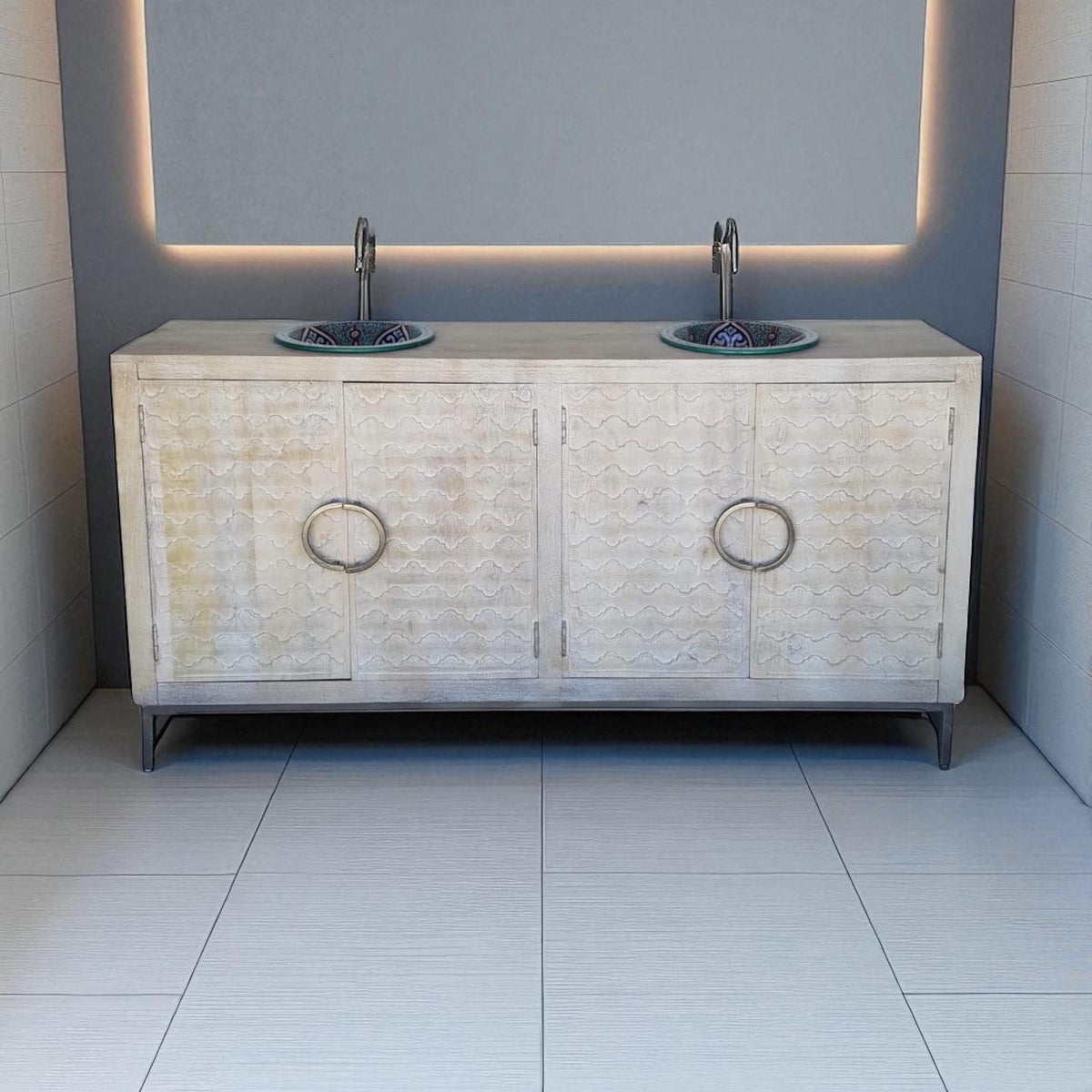 Unique bathroom sink vanity cabinet comes with two pottery sinks clay vessels from Morocco
