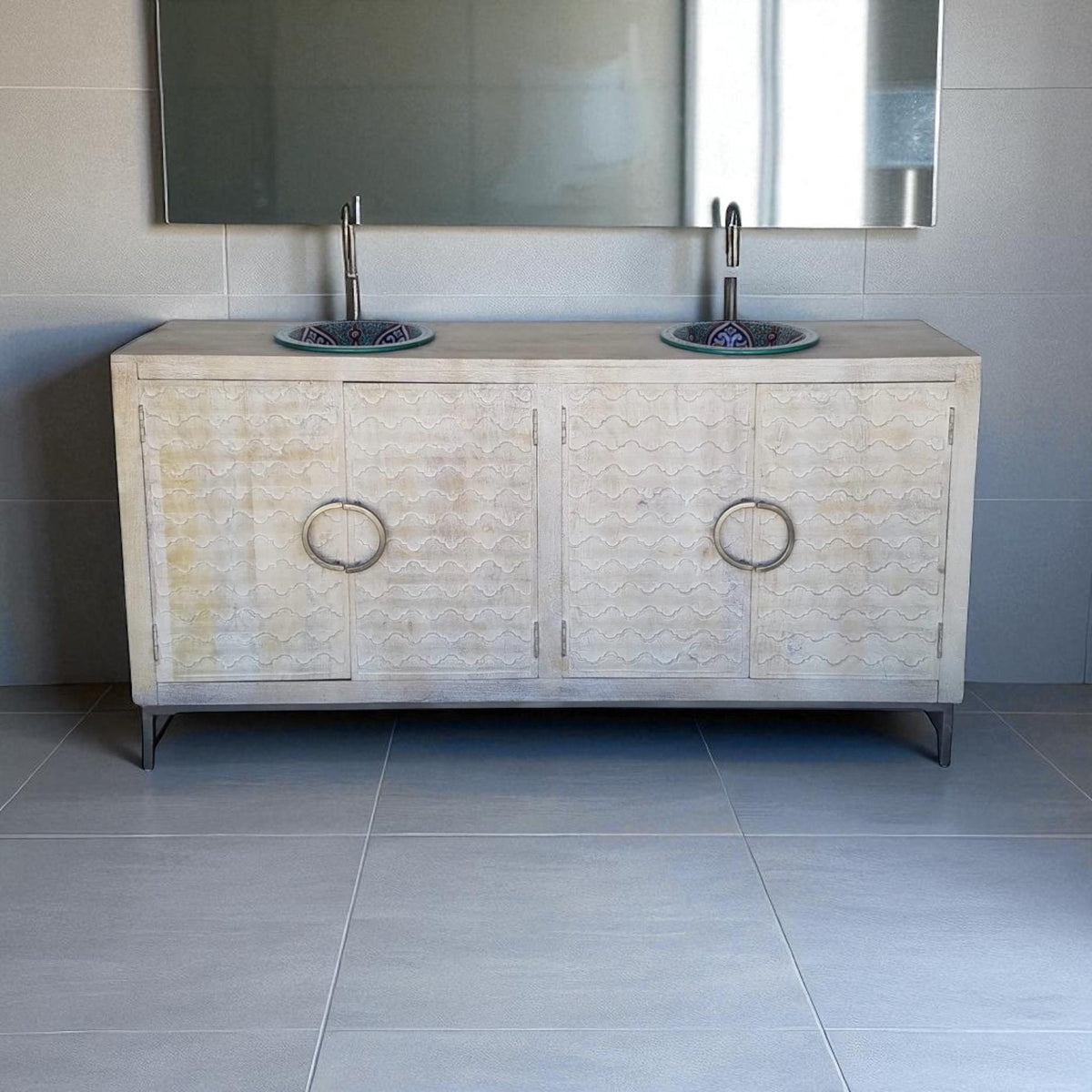Unique bathroom sink vanity cabinet comes with two pottery sinks clay vessels from Morocco