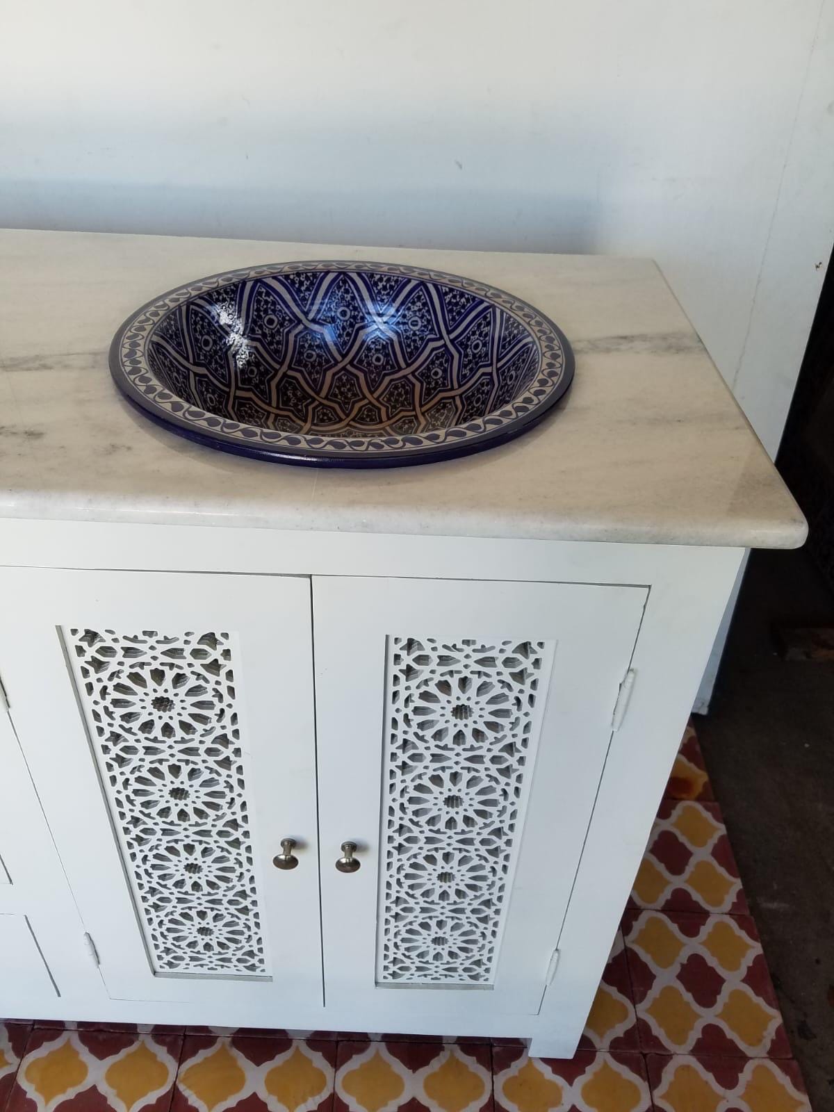 Moroccan Marble Top Bathroom Vanity with Fez Pottery Sinks