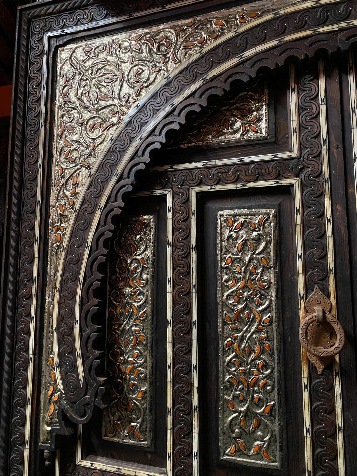 Vintage Middle Eastern Door: Camel Bone & Silver Inlaid Cedar, Palace Style