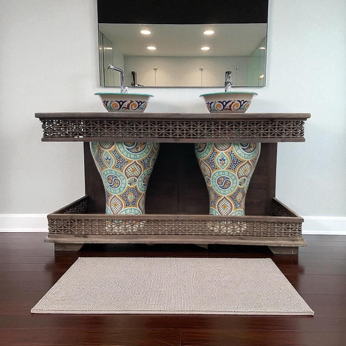 Unique moroccan bathroom sink vanity with two pottery sinks clay vessels