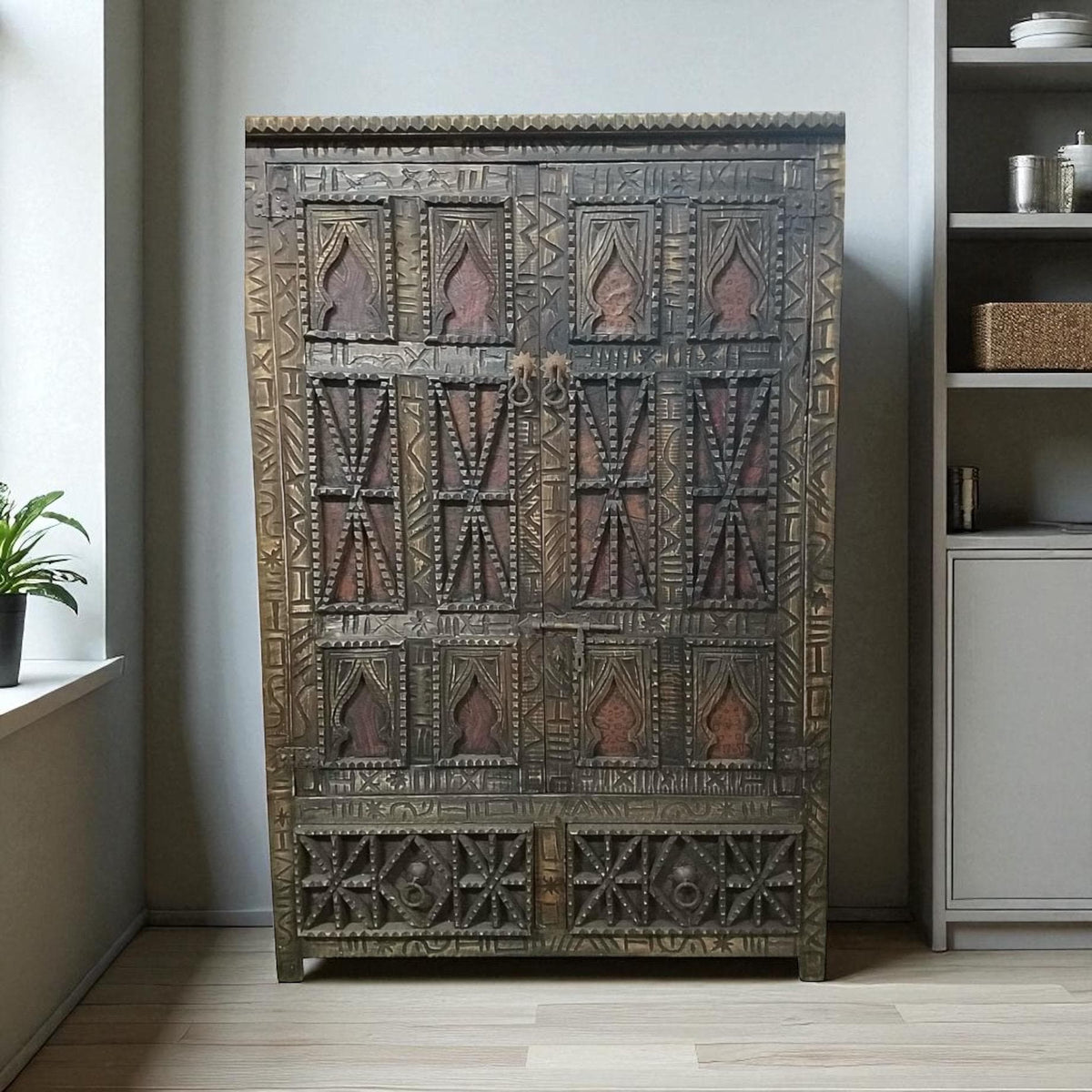 Vintage Touareg cedar Armoire embellished with Touareg nomad leather
