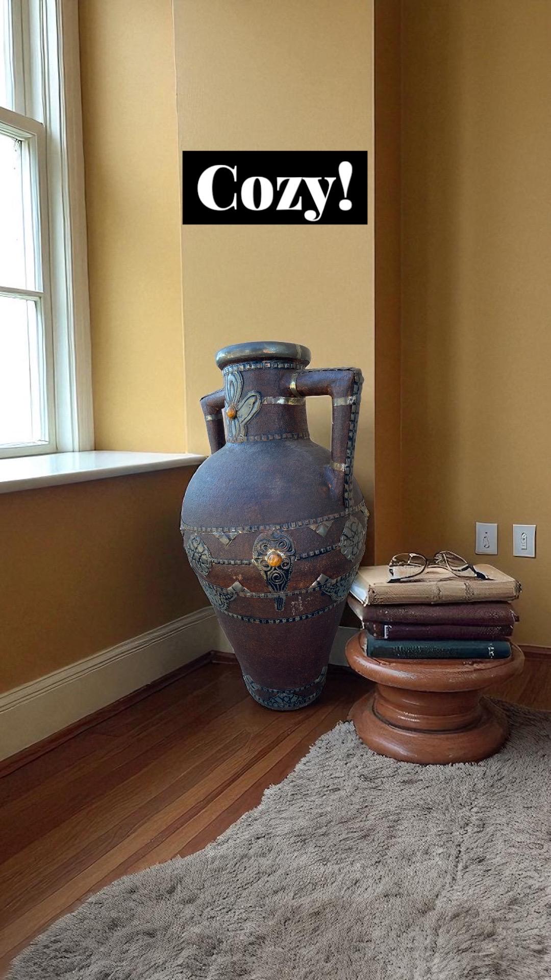 Antique Handmade Clay Pottery Vase, Berber Carved Home Decor (31” x 16.5)