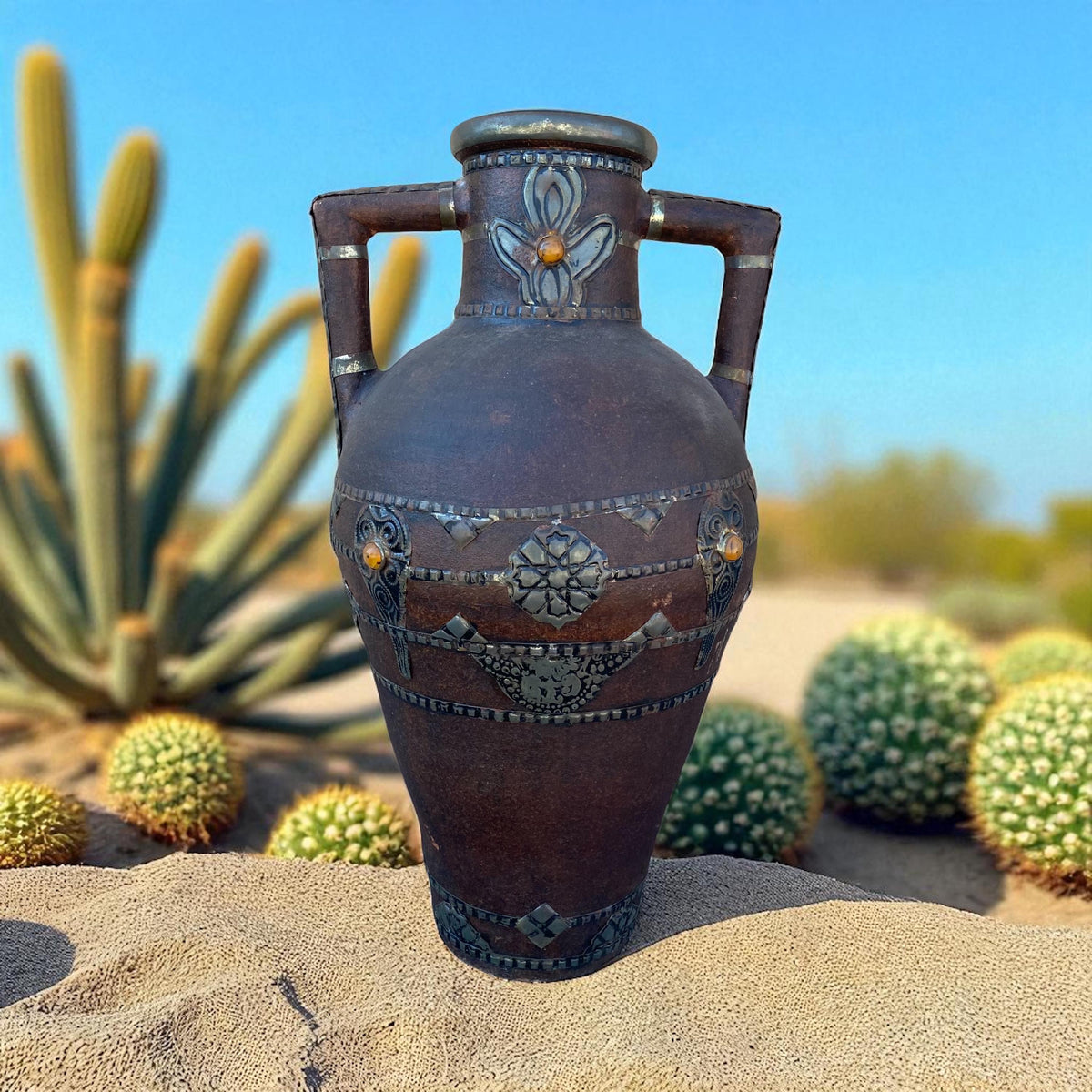 Antique Handmade Clay Pottery Vase, Berber Carved Home Decor (31” x 16.5)