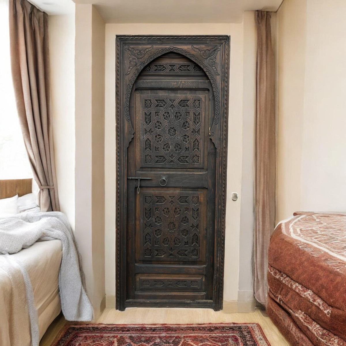 Hand Carved Moorish Wood Door, Geometric Riad Style (79x34)