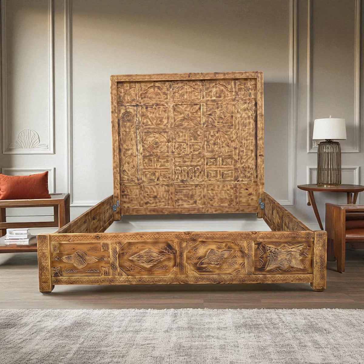 Vintage Hand Carved Touareg Bed: Moroccan Berber Nomad Furniture