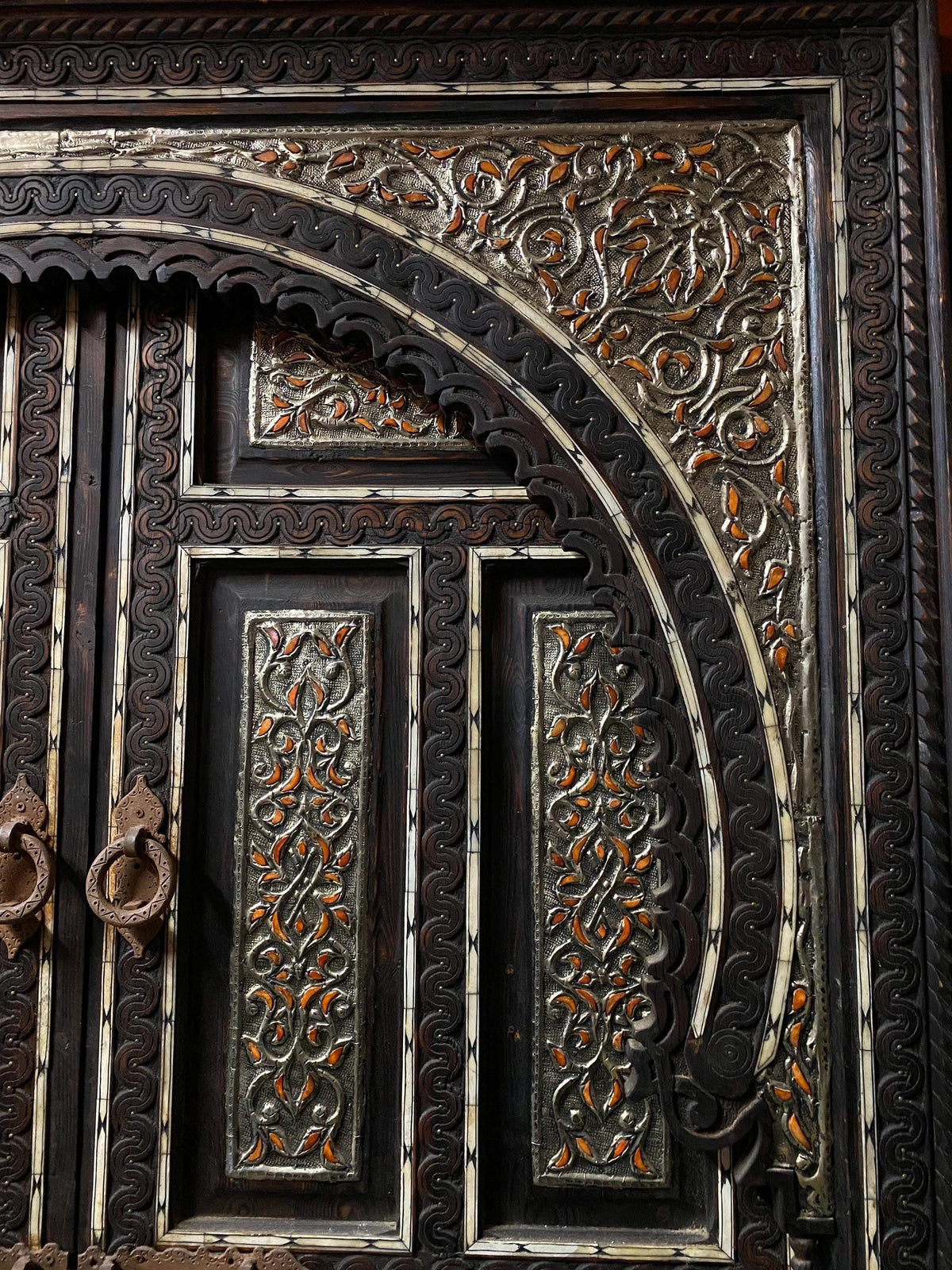 Vintage Middle Eastern Door: Camel Bone & Silver Inlaid Cedar, Palace Style