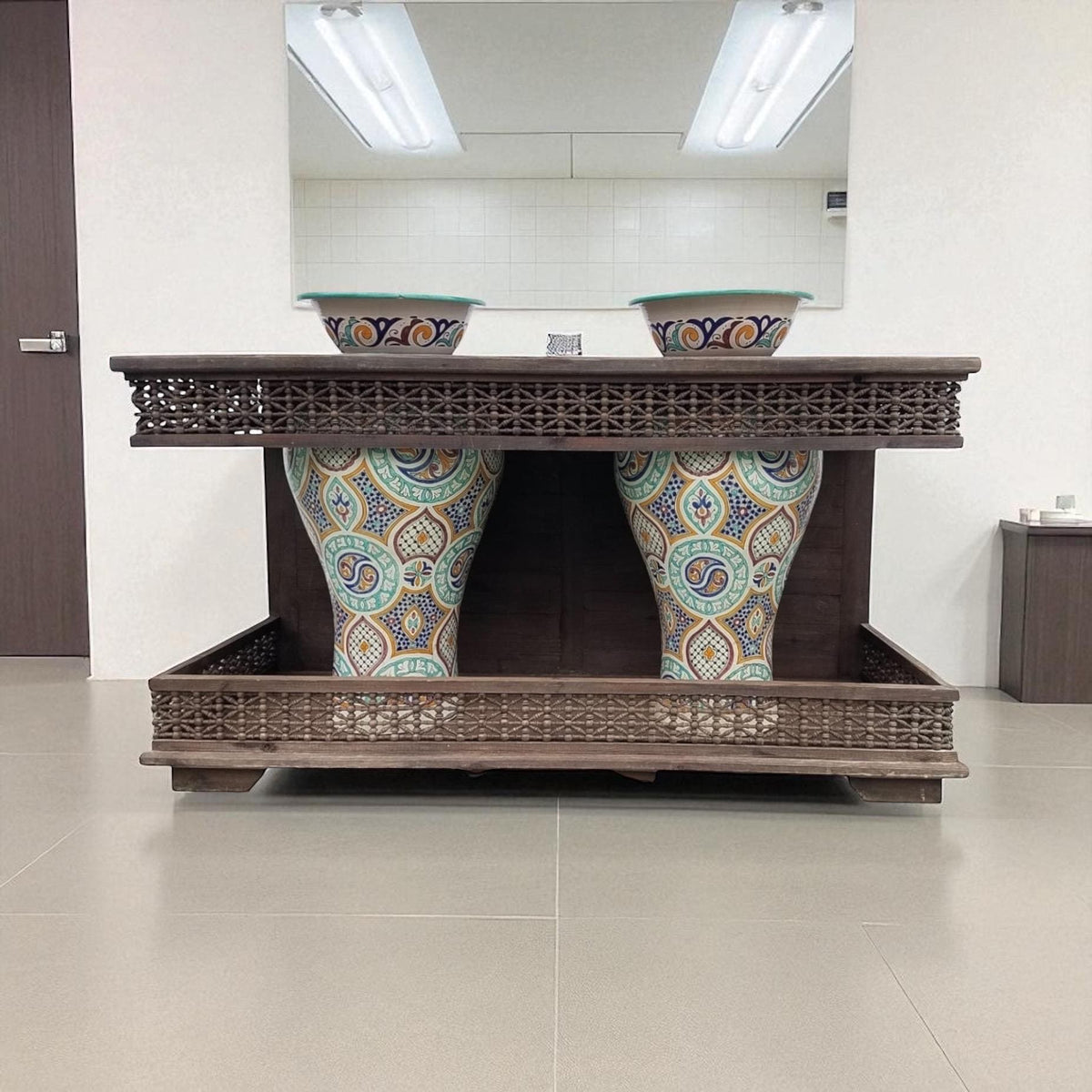 Unique moroccan bathroom sink vanity with two pottery sinks clay vessels