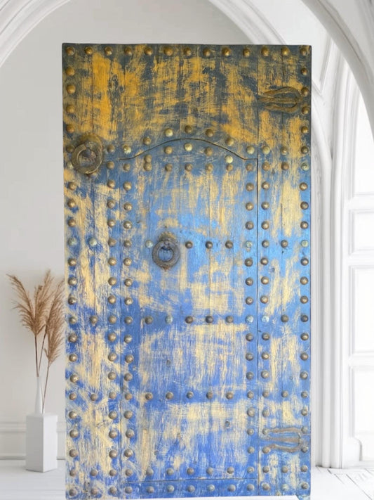 Vintage Moroccan Riad Door: Handmade Moorish Decor with Metal Knocker