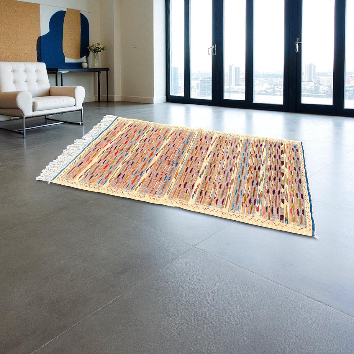 Vintage Berber carpet low pile moroccan  handwoven patchwork rug
