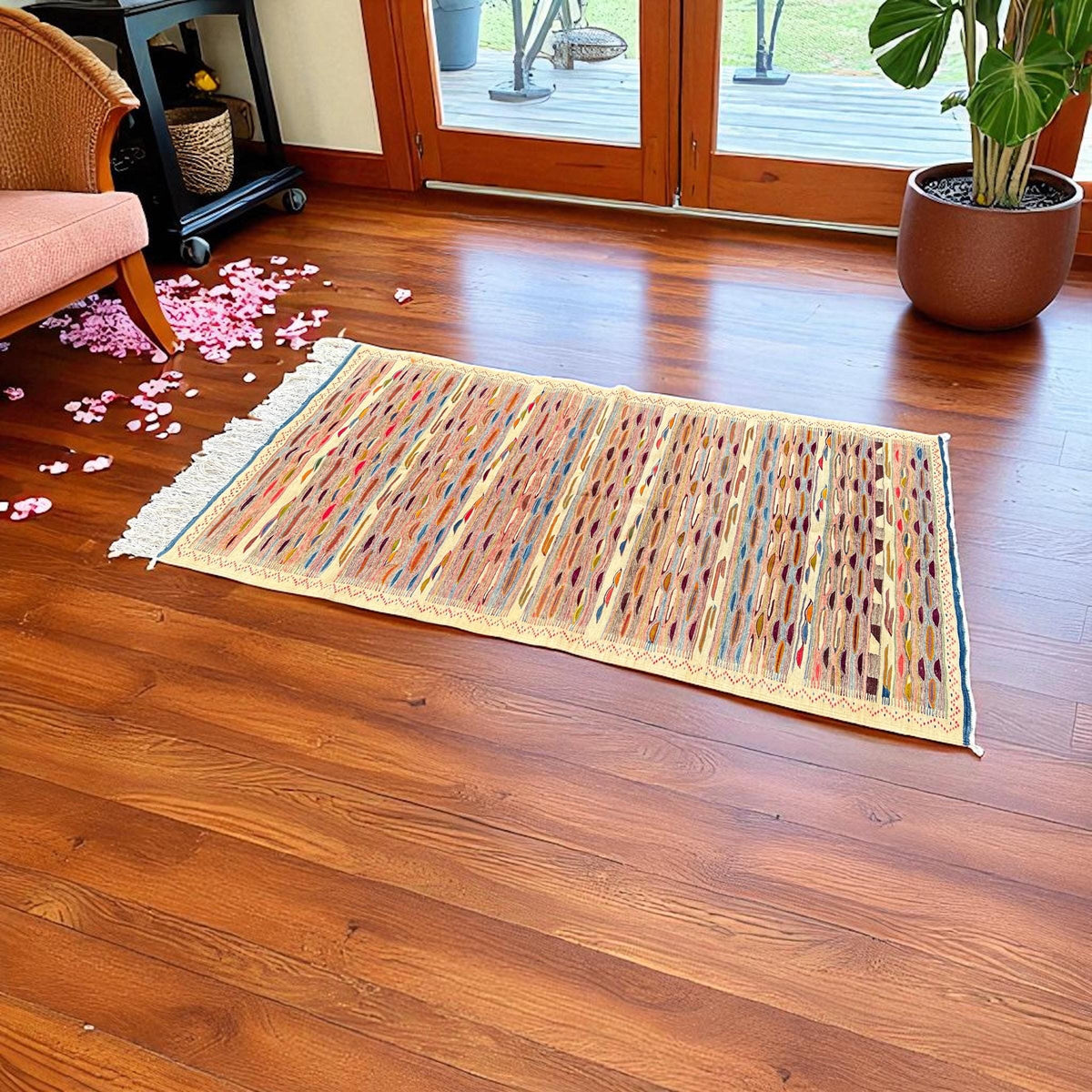 Vintage Berber carpet low pile moroccan  handwoven patchwork rug