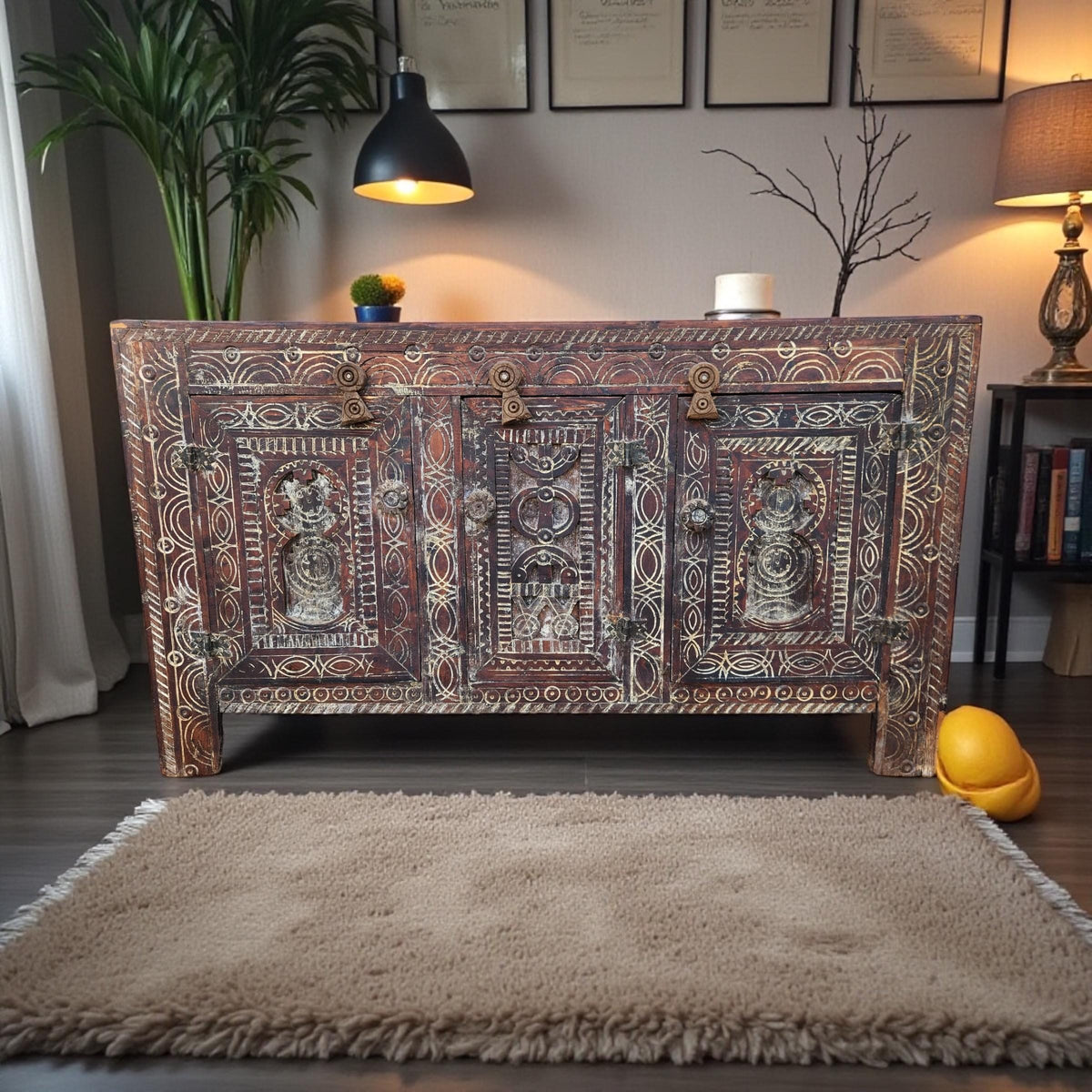 Vintage Moroccan Carved Wooden Cabinet: Ethnic Tribal Furniture