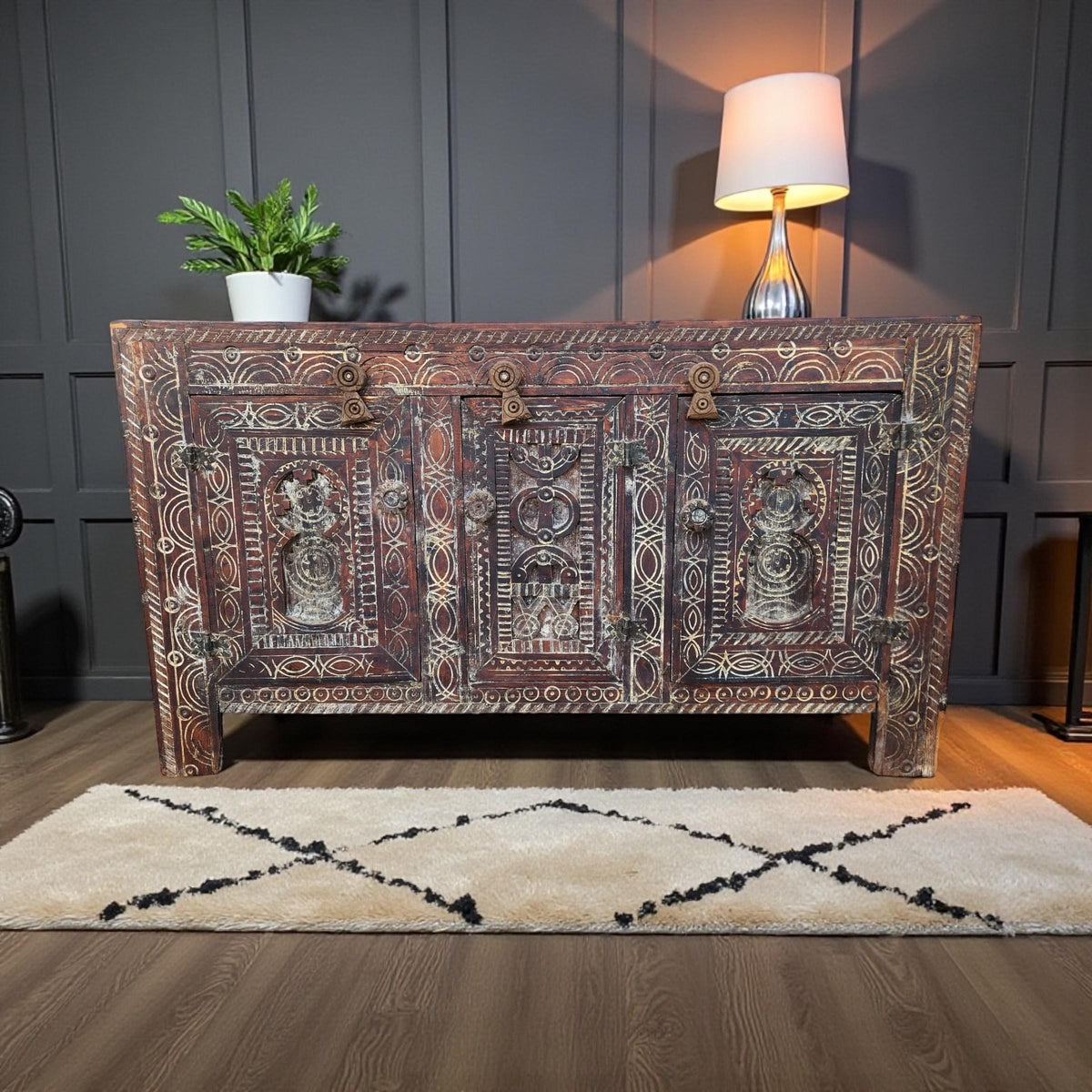 Vintage Moroccan Carved Wooden Cabinet: Ethnic Tribal Furniture