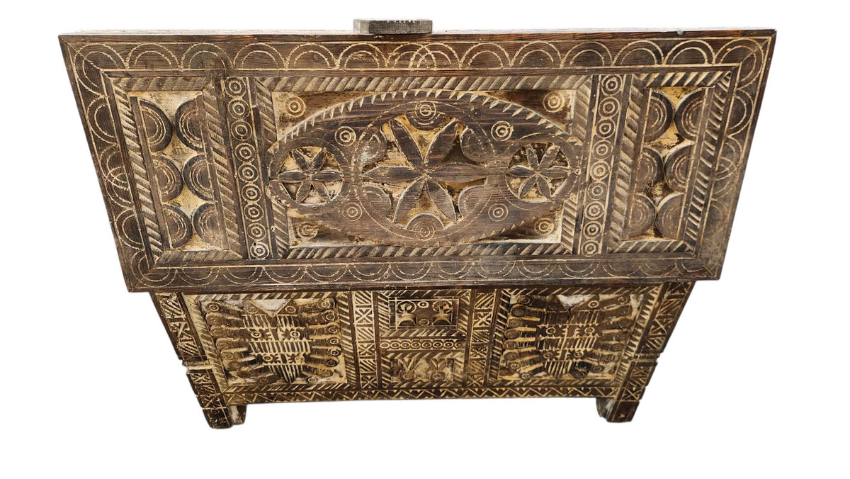Vintage Carved Wood Moroccan Chest, Handmade Ethnic Furniture (64" Long)